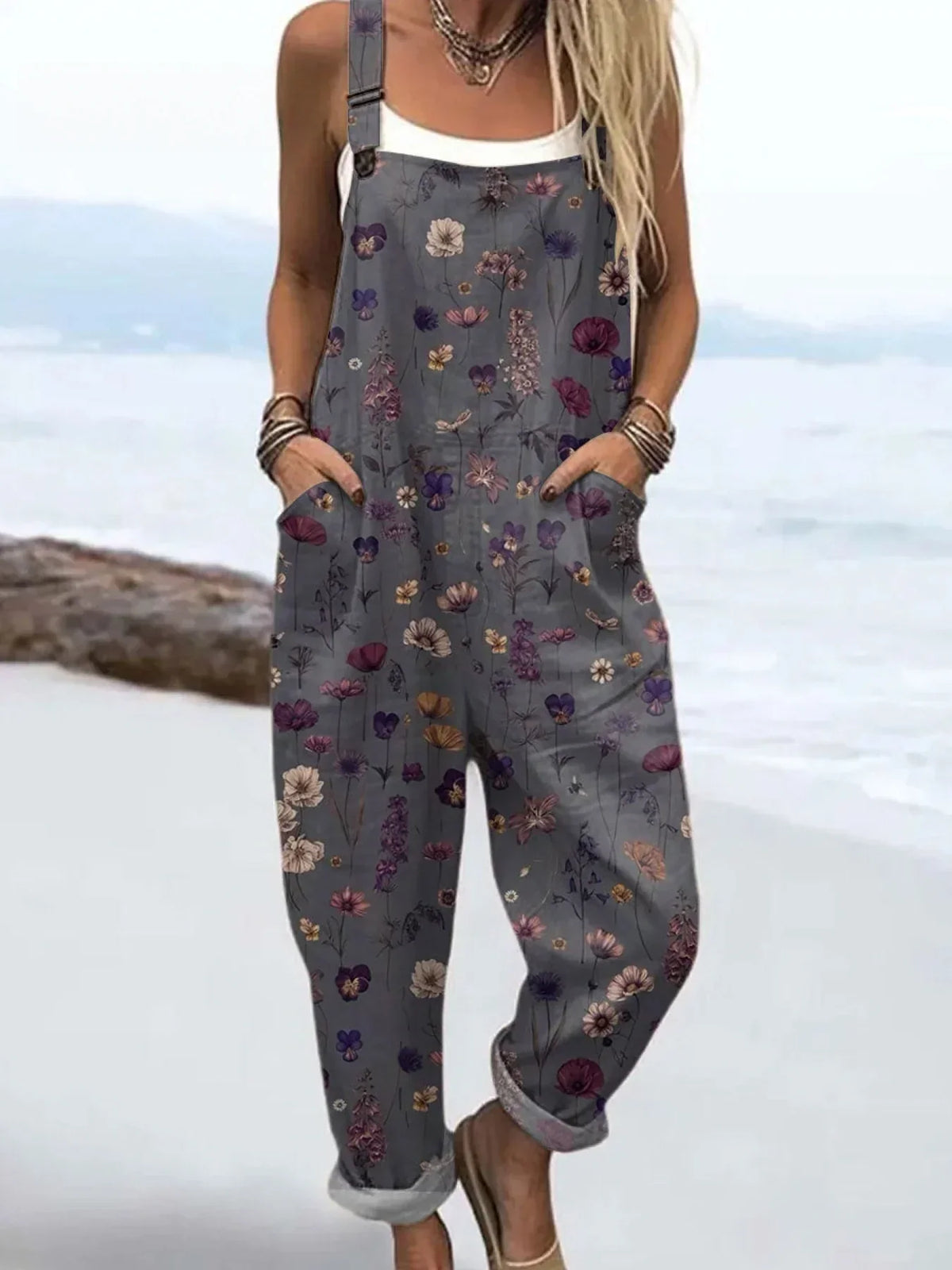 Women's Vintage Flowers Art Print Casual Cotton Linen Wide Leg Jumpsuit RJ005