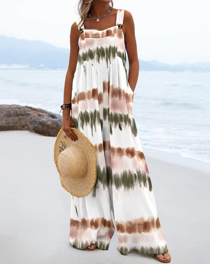 Women's Vintage Art Print Casual Strap Wide Leg Pants Jumpsuit