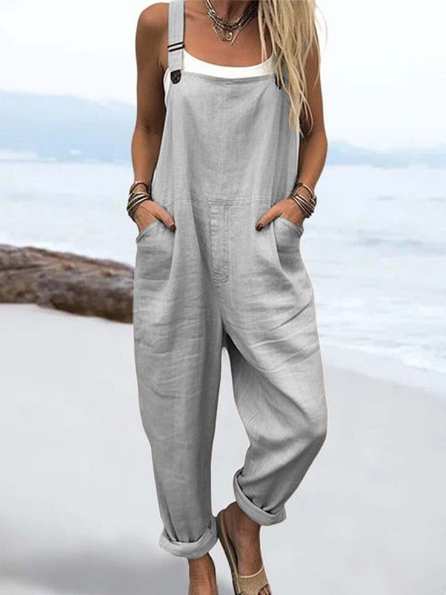 Wome's Vacation Retro  Casual Cotton Linen Wide Leg Jumpsuit