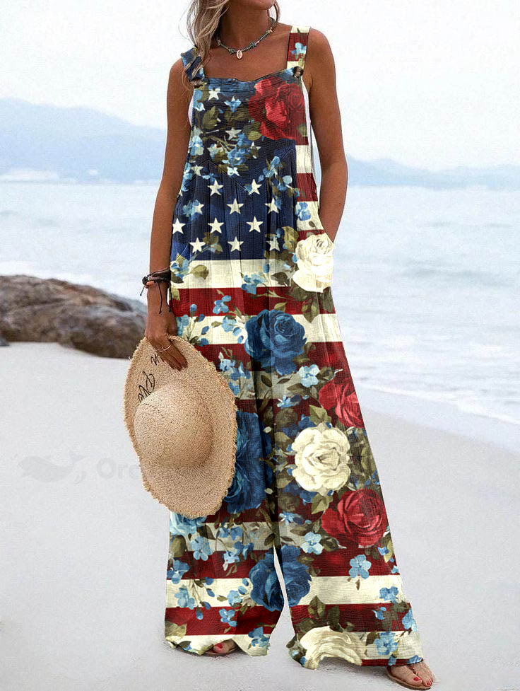 Women's Independence Day Rose Pattern Loose Linen Material Jumpsuits
