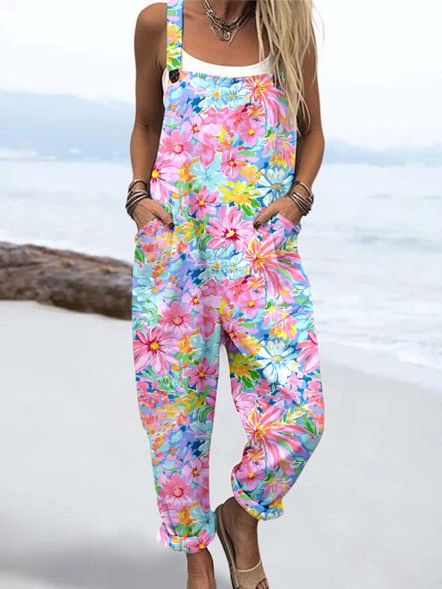 Wome'S Colorful Happy Flowers Arrangement  Pattern  Print Casual Cotton Wide Leg Jumpsuit