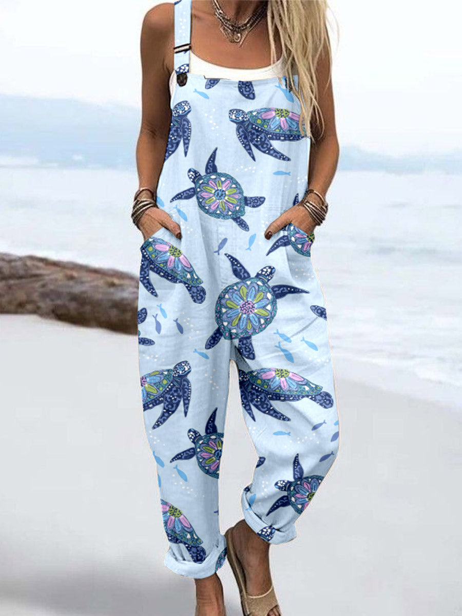 Wome'S Holiday Style Turtle Pattern Print Casual Cotton Wide Leg Jumpsuit