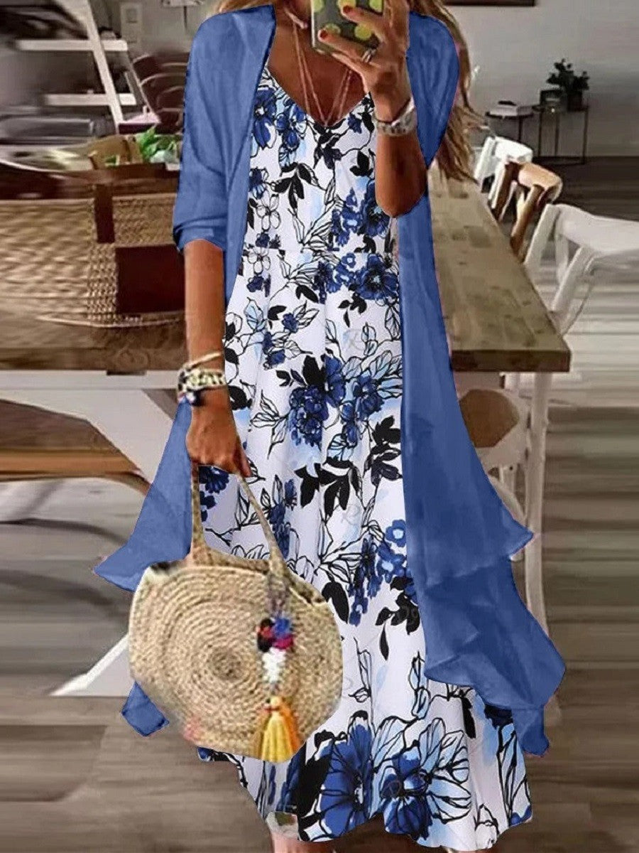 Long Sleeves V-neck Floral Print Two-Piece Midi Dress
