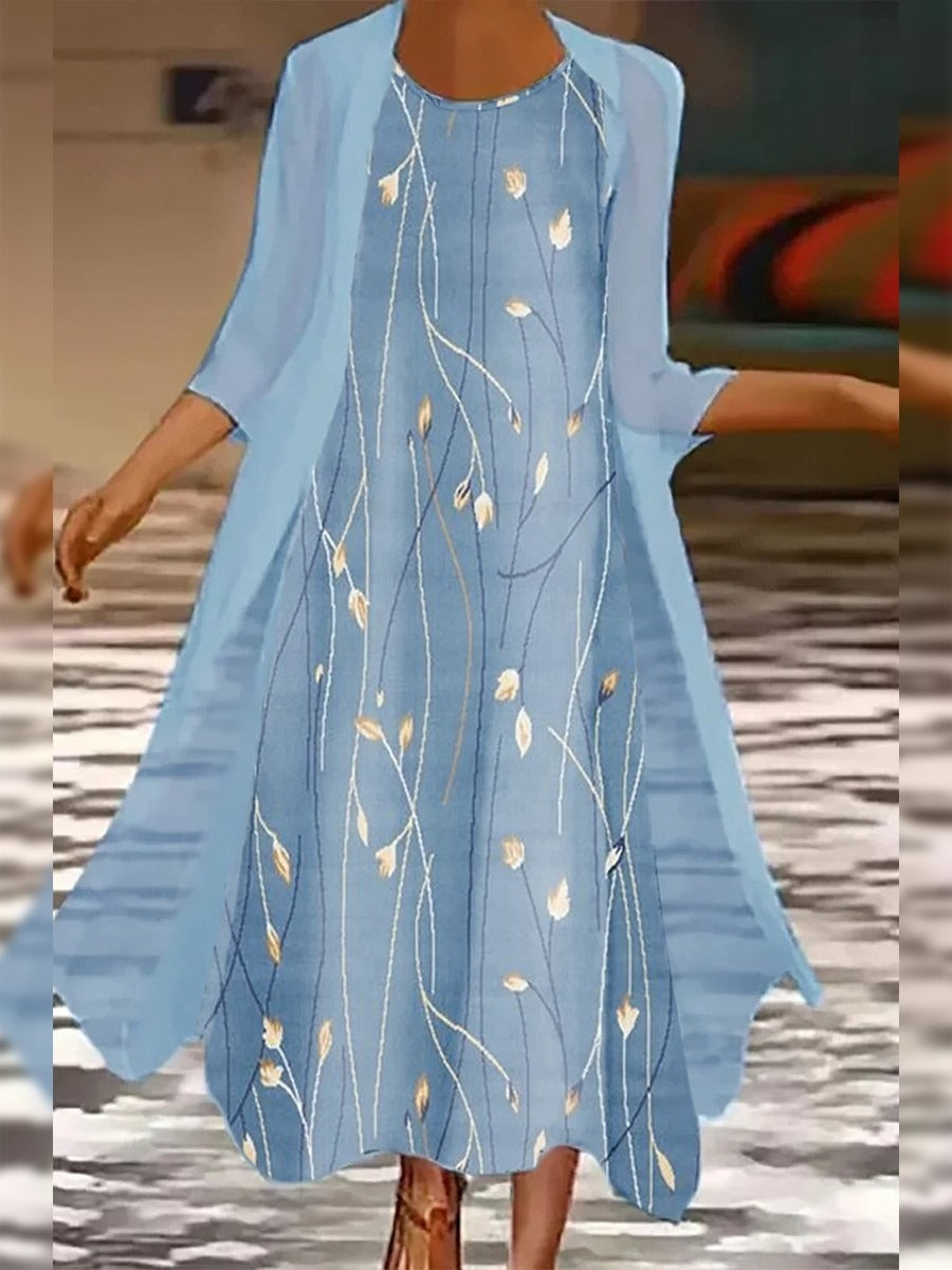 Floral Round Neck 3/4 Sleeve Comfy Two Piece Maxi Dress