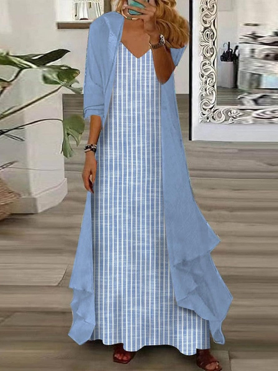 Elegant vintage Blue stripes Maxi Dress With Outerwear