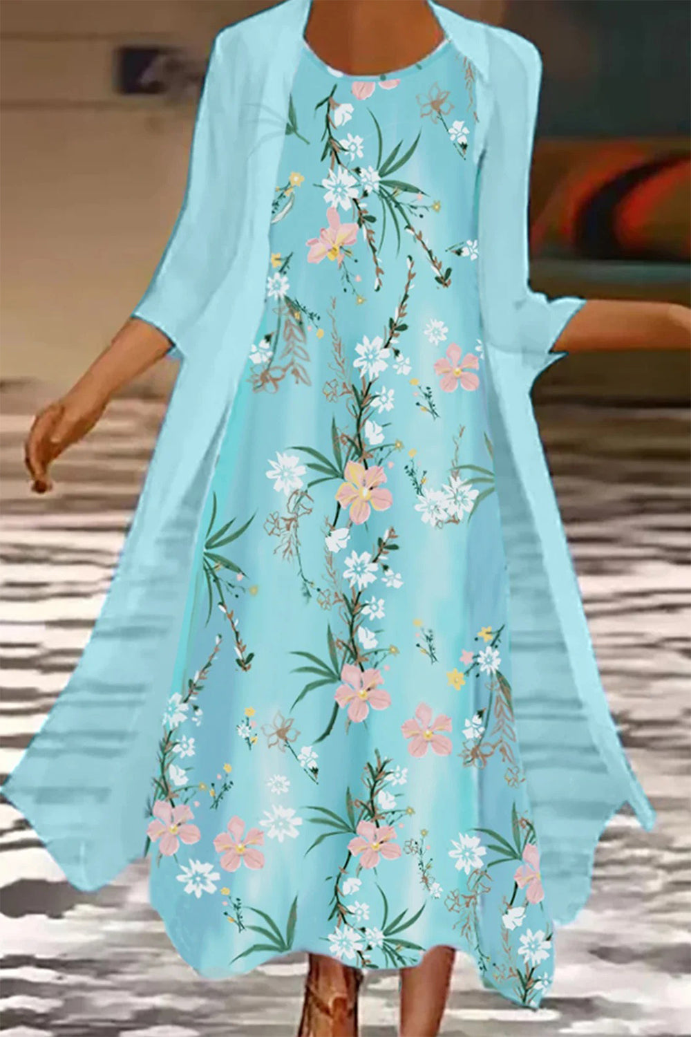Casual Floral Print 3/4 Sleeves Crew Neck Comfy Two Piece Jacket Maxi Dress