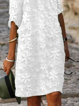 Plain Elegant Lace Floral Casual V Neck Half Sleeve Cotton Linen Short Dress