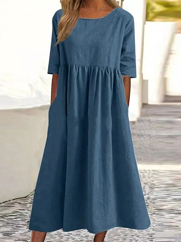 Solid Color Round Neck Half Sleeve Casual Midi Dress