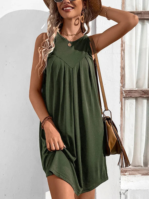 Casual Plain Elegant Cotton-Blend Crew Neck Sleeveless Midi Dress