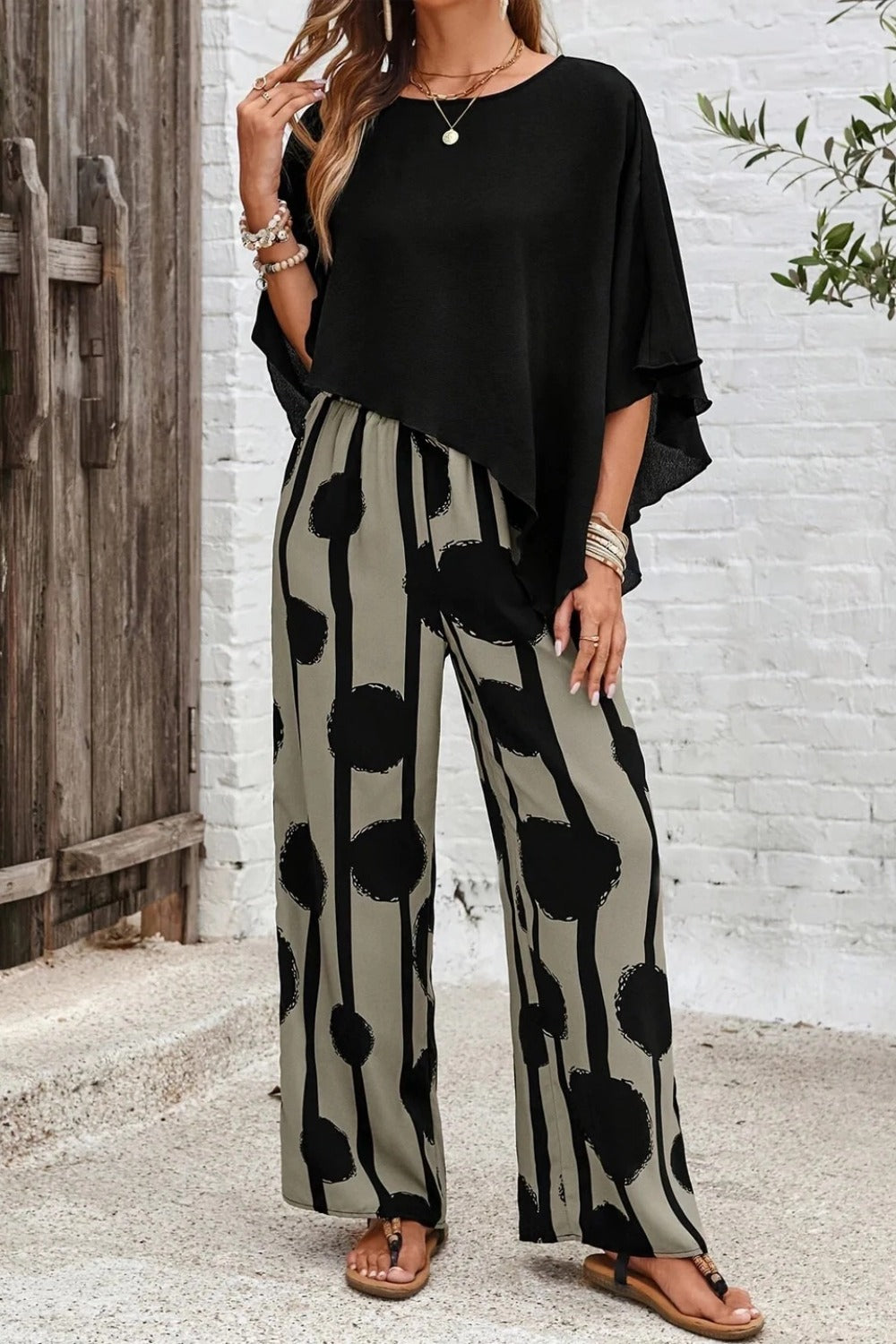 Asymmetric Hemmed Shirt And Striped Pants Two Piece Set
